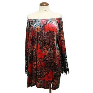 Ali Miles Velvet Top Floral Lace Long Sleeves Elastic Off Shoulder Romantic Goth